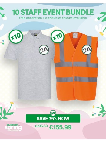 A fantastic value 10 staff event bundle of our best-selling Polo Shirt & Hi-Vis Vest with FREE CUSTOMISATION included.