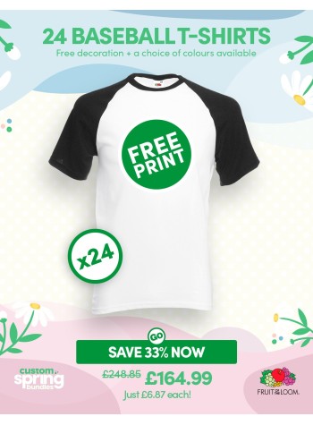 A bundle containing 24 Fruit Of The Loom baseball T-shirts with FREE PRINTING and FREE DELIVERY included.