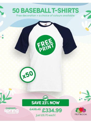 A bundle containing 50 Fruit Of The Loom baseball T-shirts with FREE PRINTING and FREE DELIVERY included.