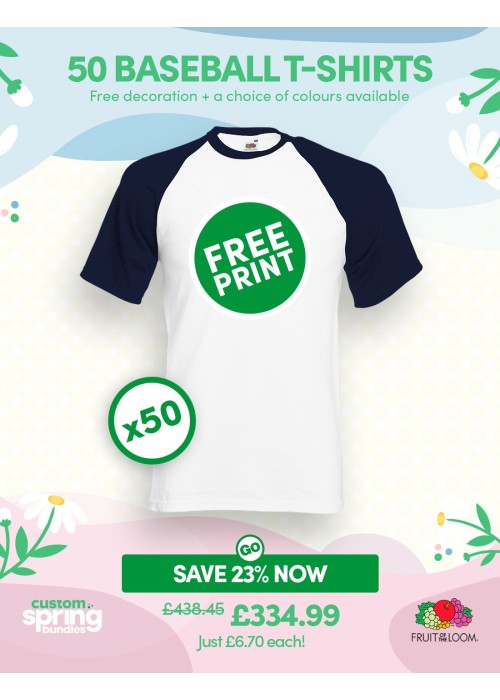 Bundle: 50 x Baseball T-Shirts with Free Printing