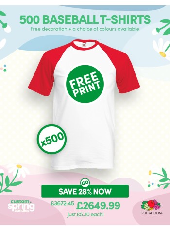 A bundle containing 500 Fruit Of The Loom baseball T-shirts with FREE PRINTING and FREE DELIVERY included.