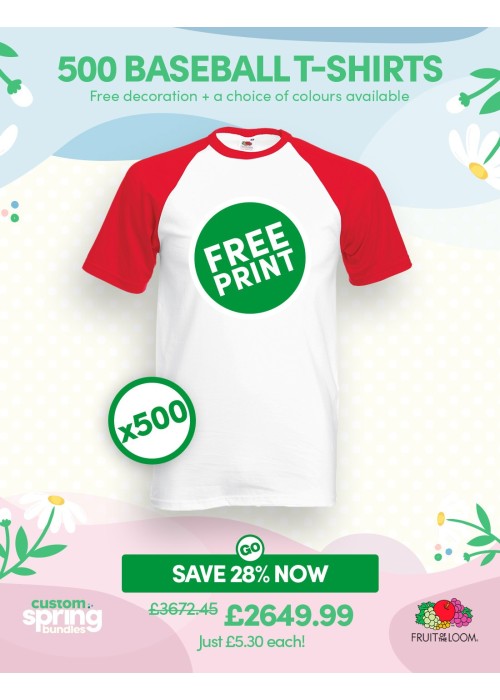 Bundle: 500 x Baseball T-Shirts with Free Printing