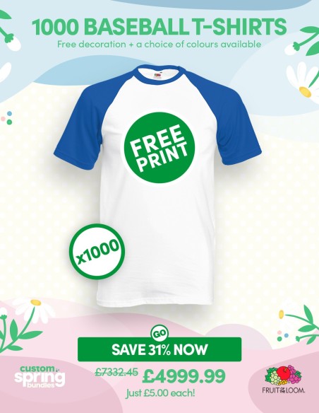 Bundle: 1000 x Baseball T-Shirts with Free Printing