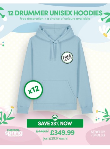 A bundle containing 12 Drummer Unisex Hoodies with FREE PRINTING or EMBROIDERY and FREE DELIVERY included.