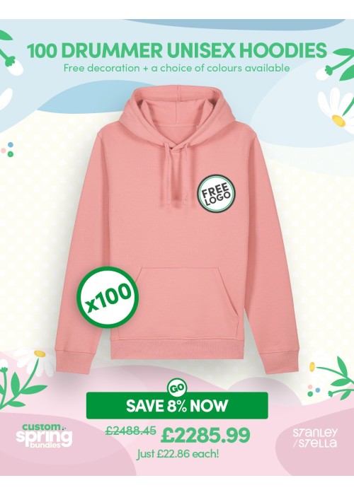 Bundle: 100 x Drummer Unisex Hoodie with Free Logo