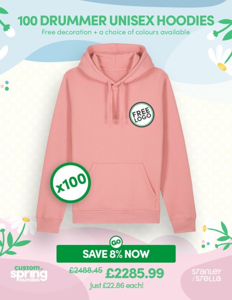 Bundle: 100 x Drummer Unisex Hoodie with Free Logo