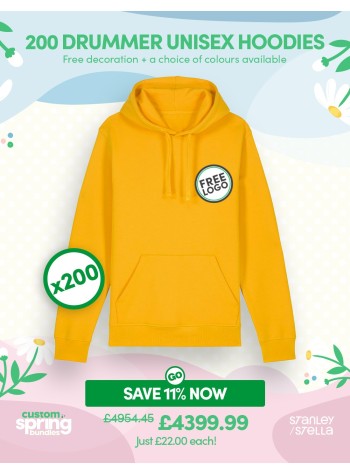 A bundle containing 200 Drummer Unisex Hoodies with FREE PRINTING or EMBROIDERY and FREE DELIVERY included.