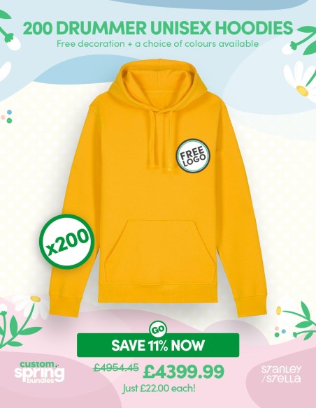 Bundle: 200 x Drummer Unisex Hoodie with Free Logo