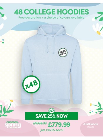 A bundle containing 48 College Hoodies with FREE PRINTING or EMBROIDERY and FREE DELIVERY included.
