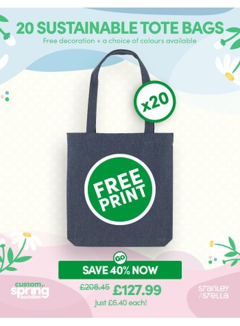 A bundle containing 20 x Sustainable Tote Bags with FREE PRINTING & FREE DELIVERY included.