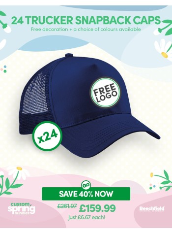 A bundle containing 24 x Snapback Trucker Baseball Caps with FREE Logo & FREE DELIVERY included.