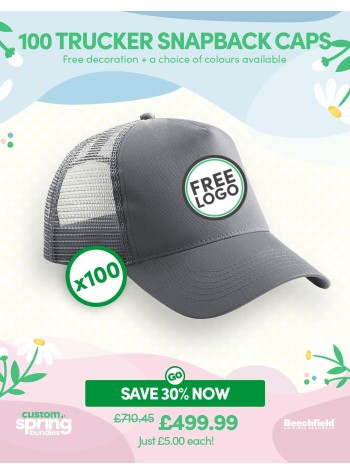 A bundle containing 100 x Snapback Trucker Baseball Caps with FREE Logo & FREE DELIVERY included.