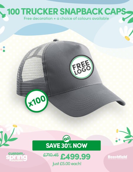 Bundle: 100 x Snapback Trucker Baseball Cap with FREE Logo