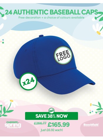 A bundle containing 24 x Authentic 5-panel Baseball Caps with FREE Logo & FREE DELIVERY included.