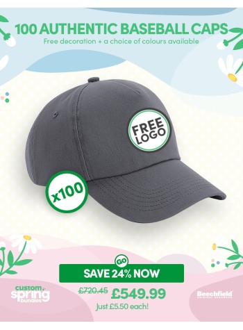 A bundle containing 100 x Authentic 5-panel Baseball Caps with FREE Logo & FREE DELIVERY included.