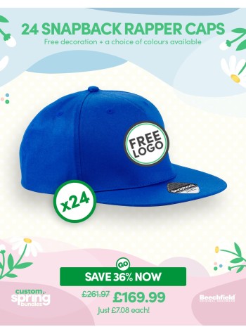 A bundle containing 24 x 5-panel Snapback Rapper Caps with FREE Logo & FREE DELIVERY included.
