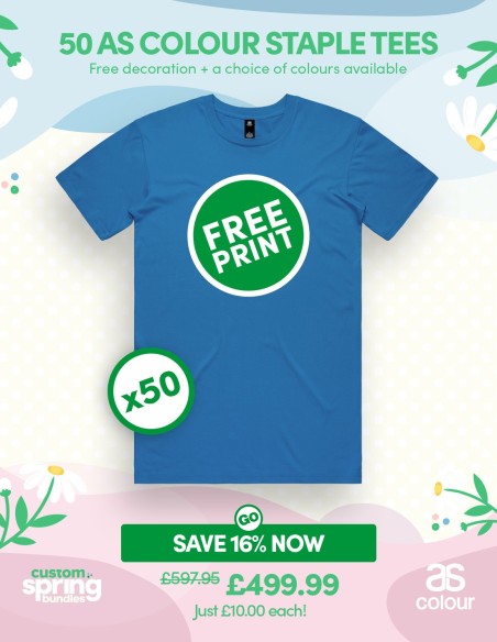 Bundle: 50 x AS Colour Staple Tees with Free Printing