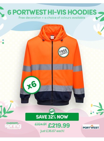 Bundle: 6 x Portwest Hi-Vis Contrast Zipped Hoodies with Free Logo