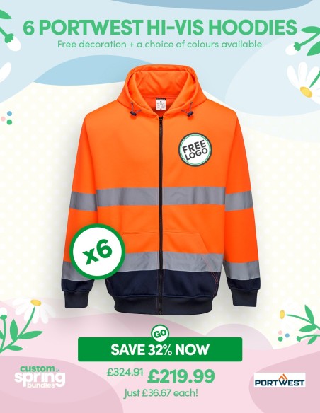 Bundle: 6 x Portwest Hi-Vis Contrast Zipped Hoodies with Free Logo