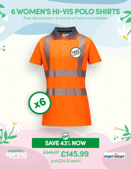 Bundle: 6 x Portwest Women's Hi-Vis Polo Shirts with Free Logo
