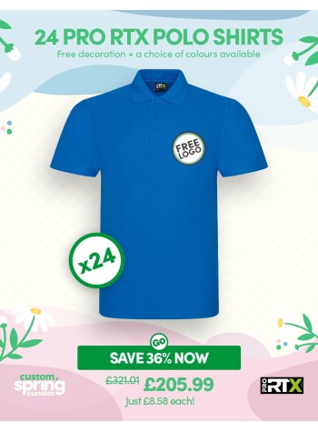 24 of our best selling durable Polo Shirts with FREE LOGO and FREE DELIVERY included.