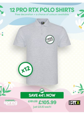 12 of our best-selling durable Polo Shirts with FREE LOGO and FREE DELIVERY included.