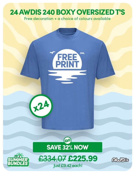 Bundle: 24 x AWDis 240 Boxy Oversized T's with Free Printing