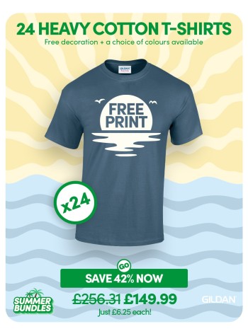24 of our best selling Heavy Cotton T-shirts with FREE PRINTING and FREE DELIVERY included