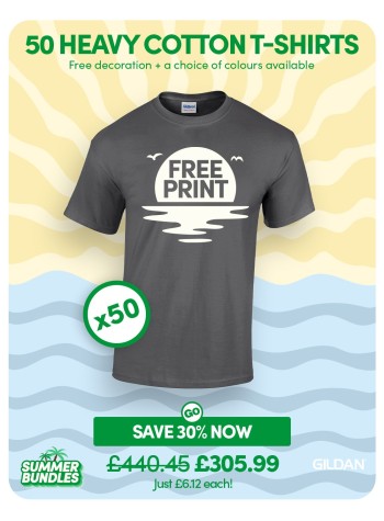 50 of our best selling Heavy Cotton T-shirts with FREE PRINTING and FREE DELIVERY included.