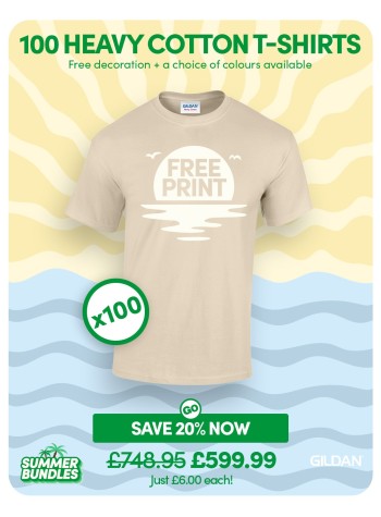 100 of our best selling Heavy Cotton T-shirts with FREE PRINTING and FREE DELIVERY included.