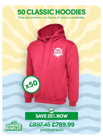 50 of our best selling Classic Hoodies with FREE LOGO and FREE DELIVERY included.