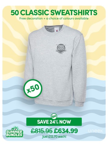50 of our best selling Classic Sweatshirts with FREE LOGO and FREE DELIVERY included.