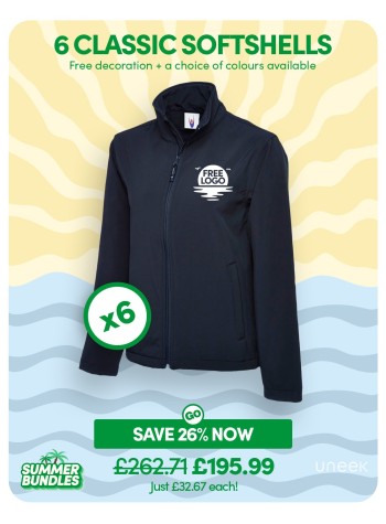6 of our best selling Classic Softshell Jackets with FREE LOGO and FREE DELIVERY included.