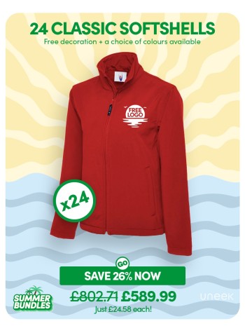 24 of our best selling Classic Softshell Jackets with FREE LOGO and FREE DELIVERY included.