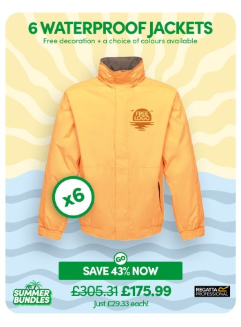 6 of our best-selling Regatta Dover Waterproof Jackets with FREE LOGO and FREE DELIVERY included.