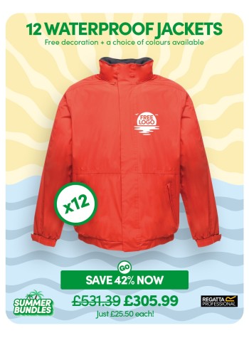 This GoCustom Pack is a bundle containing 12 of our best-selling Regatta Dover Waterproof Jackets with FREE LOGO