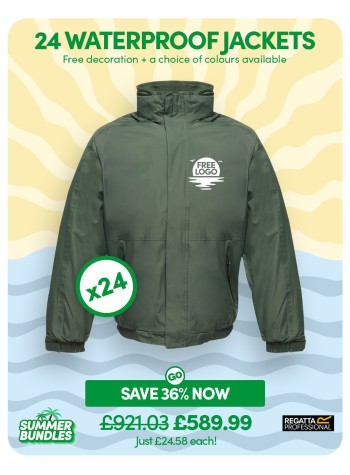 This GoCustom Pack is a bundle containing 24 of our best-selling Regatta Dover Waterproof Jackets with FREE LOGO