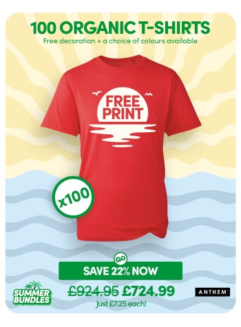 100 of our best selling Anthem Organic T-shirts with FREE PRINTING and FREE DELIVERY included.