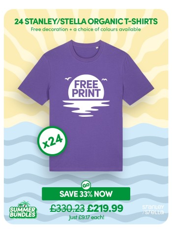 24 of our best selling Stanley/Stella Organic T-shirts with FREE PRINTING and FREE DELIVERY included.