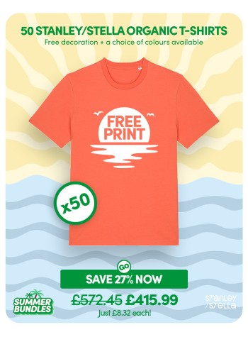 A bundle containing 50 of our best selling Stanley/Stella Organic T-shirts with FREE PRINTING and FREE DELIVERY included.