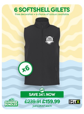 6 of our best selling Softshell Gilets with FREE EMBROIDERED LOGO and FREE DELIVERY included.