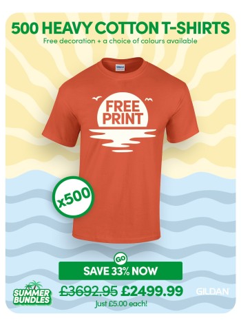 A bundle containing 500 of our best selling Heavy Cotton T-shirts with FREE PRINTING