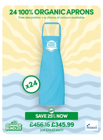 A bundle containing 24 sustainable 100% organic cotton aprons with FREE LOGO and FREE DELIVERY included.