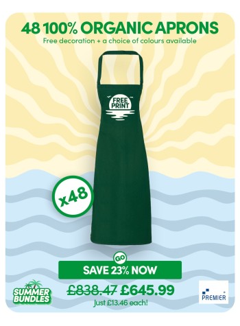 A bundle containing 48 sustainable 100% organic cotton aprons with FREE LOGO and FREE DELIVERY included.