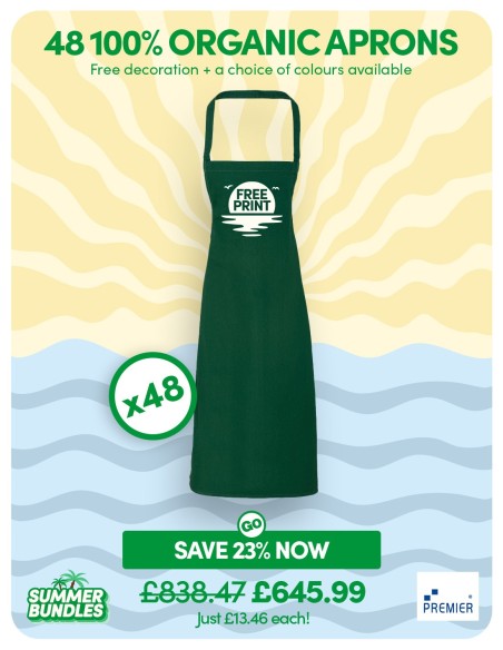 Bundle: 48 x 100% Organic Cotton Aprons with FREE Logo