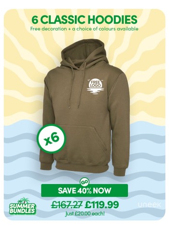 6 of our best-selling Classic Hoodies with FREE LOGO included.