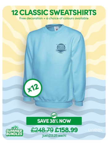 12 of our best-selling Classic Sweatshirts with FREE LOGO and FREE DELIVERY included.