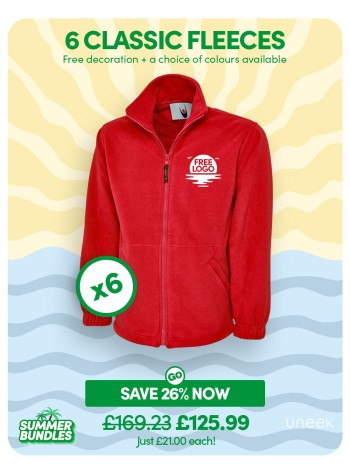 6 of our best-selling Classic Full Zip Fleece Jackets with FREE LOGO and FREE DELIVERY included.