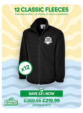 12 of our best-selling Classic Full Zip Fleece Jackets with FREE LOGO and FREE DELIVERY included.