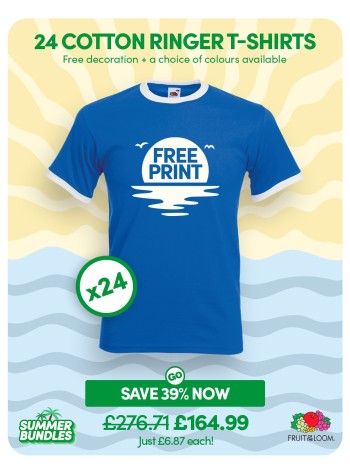 A bundle containing 24 Fruit Of The Loom Ringer T-shirts with FREE PRINTING and FREE DELIVERY included.